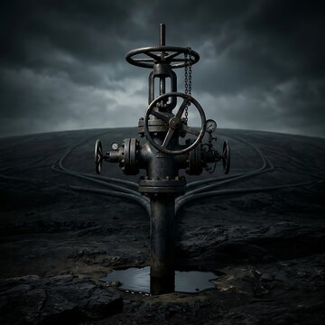 Rusty industrial oil pipeline valve standing in desolate barren landscape under dark stormy sky representing energy sector infrastructure and environmental impact of fossil fuel production