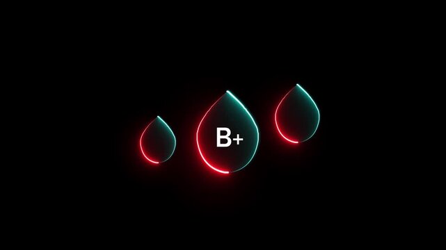 Abstract neon glowing droplet shapes in red and cyan light on a dark black background, featuring a central white &ldquo;B+&rdquo; symbol.
