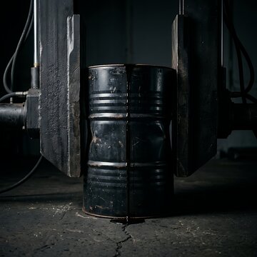 Heavy hydraulic industrial press crushing black metal oil barrel with dark viscous liquid leaking out on factory floor representing environmental disaster and corporate greed concept