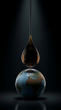 Single glossy oil drop hanging above stylized globe representing global energy crisis and environmental impact of fossil fuel consumption on planet Earth in dark studio environment