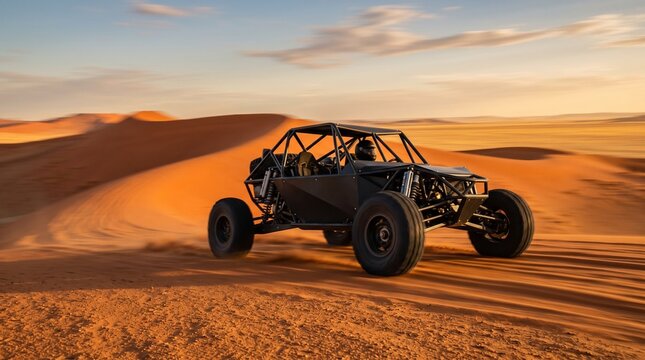 Off-Road Dune Buggy Speeding Across Desert Sand Dunes at Sunset