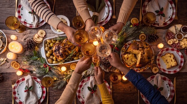 People Toasting with Wine Glasses at Festive Christmas Dinner