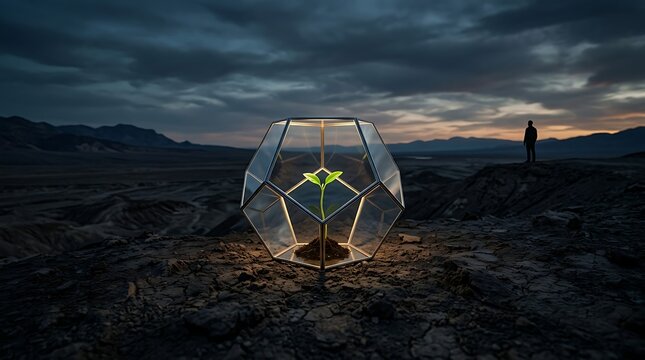 Small green plant growing inside geometric glass terrarium on cracked desert ground with distant silhouette of person looking at horizon during twilight landscape photography