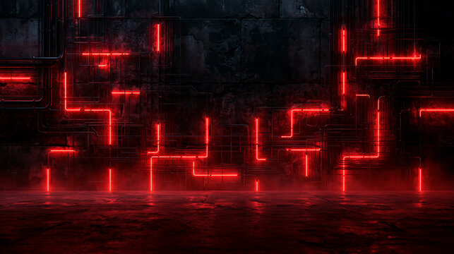 Futuristic Cyberpunk Stage with Glowing Red Neon Pipes Background