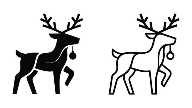 Reindeer Icon Set: A graphic representation of a reindeer in two styles, a solid black silhouette and a clean outline, each adorned with a festive bell and ornament.