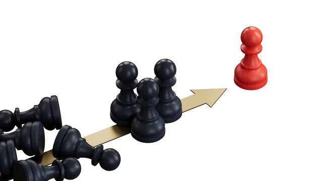 3D illustration of golden, silver and bronze pawns. Concept of leadership strategy and competitive advantage.Supports PNG files with transparent backgrounds.