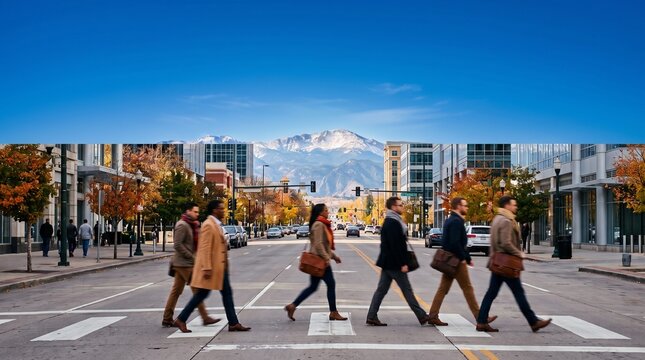 Commuters Walking Across Crosswalk in Autumn City Street
