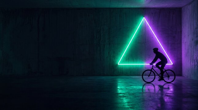 Silhouette of Cyclist Riding Bicycle Past Glowing Neon Triangle
