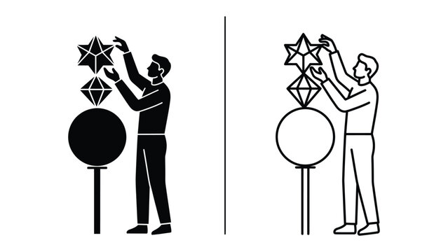 Creative Arrangement: A man meticulously arranges geometric shapes, symbolizing the creation of something new or the building of ideas, on a stand.