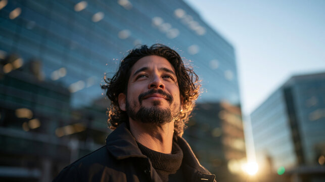 Optimistic Businessman Smiling Outside Modern Corporate Building