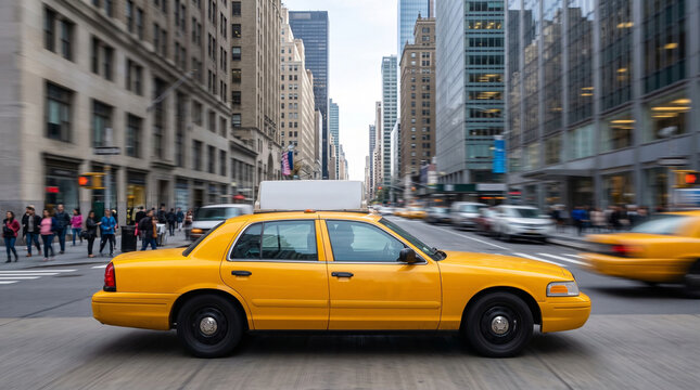 Yellow Taxi Driving on Busy New York City Street