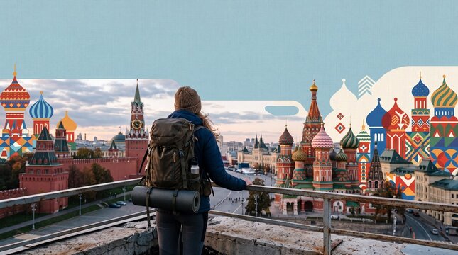 Backpacker Looking at Moscow Red Square and Kremlin Panorama
