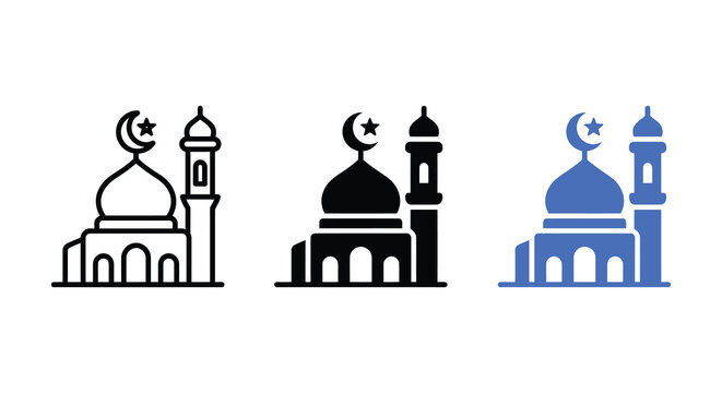 Three mosque silhouettes in varying color schemes against a white background silhouette