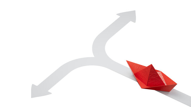 Decision business, Problem solving, way to success concept. Red paper boat sailing choose a way to success. paper art style.Supports PNG files with transparent backgrounds.