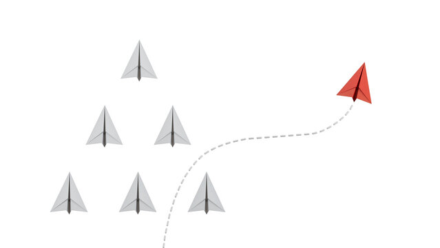 Think differently concept. Red paper paper plane changing direction.Supports PNG files with transparent backgrounds.
