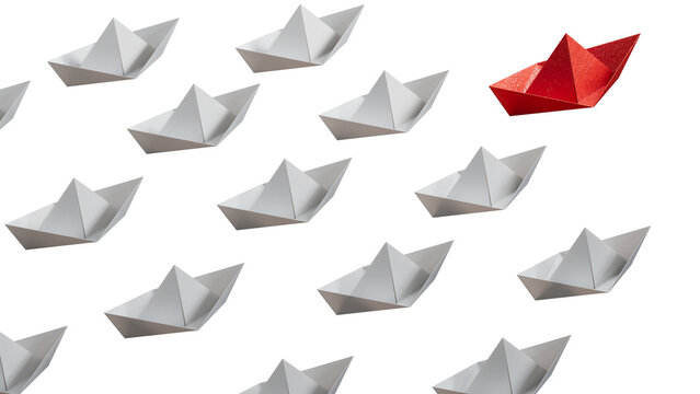 Different business concept.new ideas. paper art style. creative idea.Red and white paper boat. Leadership concept.Supports PNG files with transparent backgrounds.
