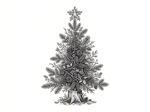 Vintage Engraved Christmas Tree Illustration on White Background