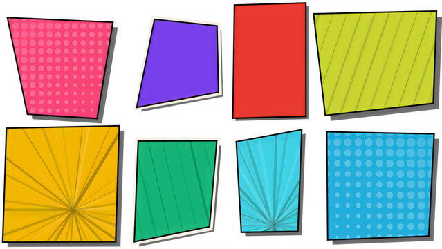 Set of colorful comic panels with various geometric shapes and patterns for creative graphic design.