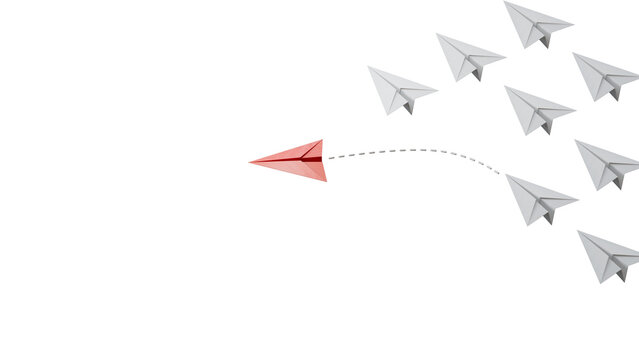 Different business concept.new ideas. paper art style. creative idea.red leader plane, standing out from the crowd of white planes.Supports PNG files with transparent backgrounds.
