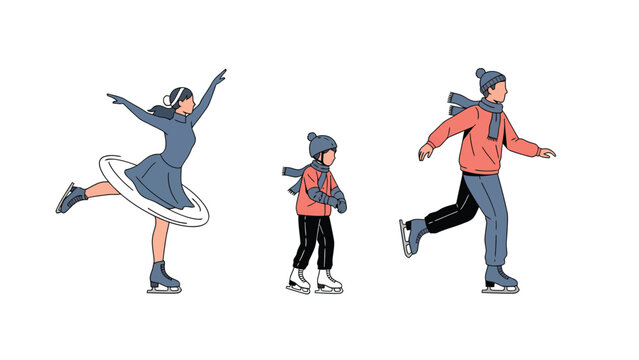 Family enjoying ice skating together on a white background, depicting winter fun and outdoor activity.
