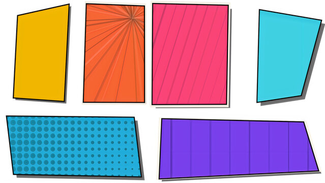 Collection of comic book frames in bright colors with halftone dots and radial lines for layout.