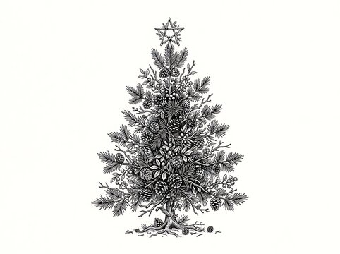 Vintage engraved illustration of a decorated Christmas tree