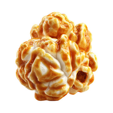 Closeup view of golden caramel drizzled popcorn kernel isolated on white background, concept of cinema sweet snack temptation