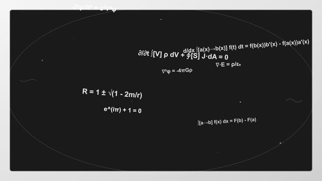 Blackboard with complex physics and mathematical equations in white chalk
