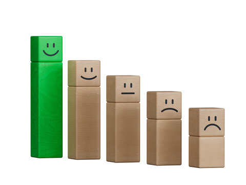 Satisfaction and business growth process and economic improvement concept. Emoticon, emotion faces wooden cubes and wood cube blocks chart steps on white background with copy space