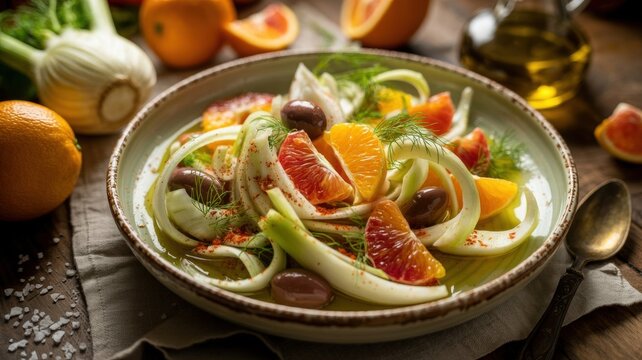 A national dish of Italian cuisine. 
Salad with fennel and orange is a Sicilian dish, featuring thinly sliced fennel tubers, orange slices, and olive oil. 
