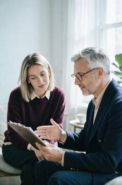 Generative AI, Senior advisor explaining a document on a clipboard to a young woman client indoors