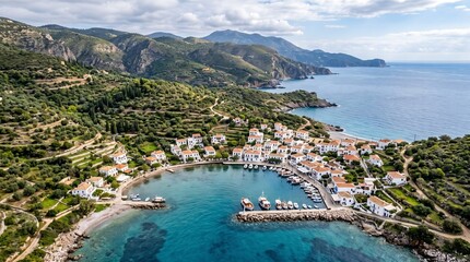 Fototapeta premium Mediterranean Coast Rural Harbor Hills Drone Landscape in Post Rain