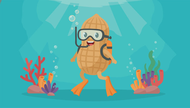 Adventurous cartoon peanut character wearing scuba diving gear underwater among corals on blue background.