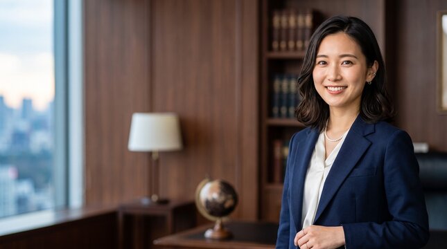 プロフィール写真をイメージした、重厚な社長室を背景に穏やかな笑顔をカメラに向けている知的な印象の20代日本人女性社員のバストアップポートレート