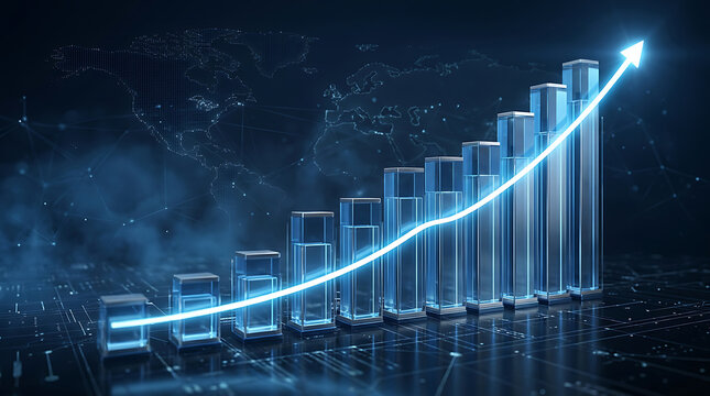 Corporate business growth graph with glowing rising arrow illustrating financial success and investment corporate finance market performance