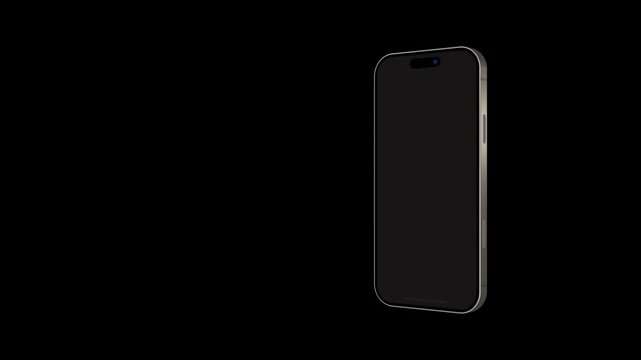 Sleek phone mockup stands vertically on right side of black frame. Dark screen surface waits for custom user interface design placement. Clean rendering showcases metallic bezel edges.