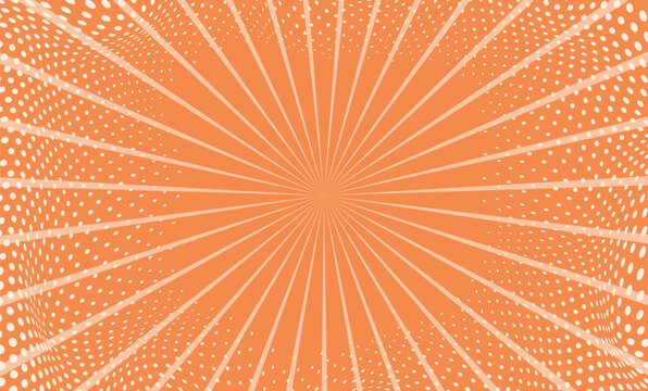 Cartoon pop art sunburst effect with dots. Orange comic pattern with starburst and halftone. Vintage sunshine texture banner. Vector illustration background.