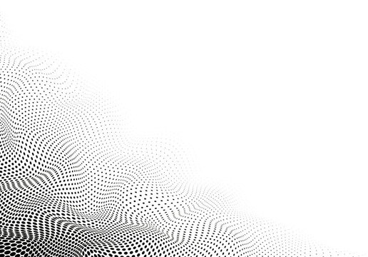 Wavy black white banner. Halftone pop art print. Futuristic dot pattern with half tone effect. Abstract background with dots. Optical spotted monochrome texture. Vector illustration.