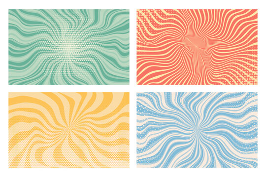 Set of comic pattern with starburst and halftone. Vintage sunshine texture banner collection. Cartoon pop art sunburst effect with dots. background. Vector illustration.