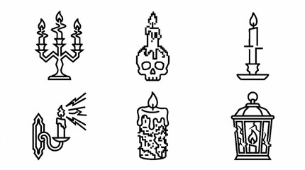 Fototapeta premium Set of six hand drawn candle and lighting icons in a sketch style.