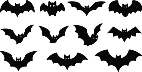 Fototapeta premium Black Bat Silhouette Collection, Flying Halloween Bats Isolated on White Background