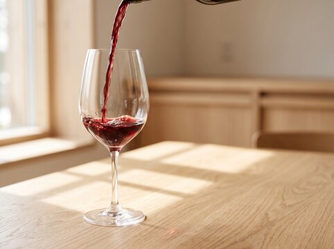 Red Wine Pouring Into Glass On Oak Table