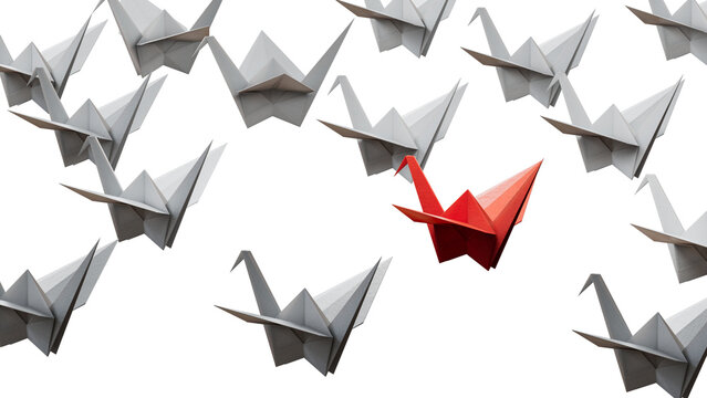 Different business concept.new ideas. paper art style. creative idea. red leader swan, standing out from the crowd of white swans.Supports PNG files with transparent backgrounds.