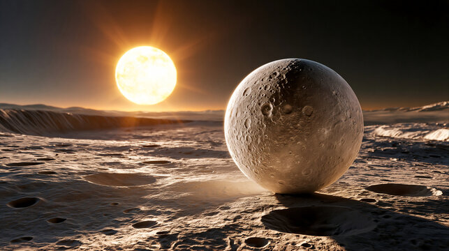 Mercury planet globe resting on scorched basaltic surface under dark sky with blazing Sun. Astronomy and planetology concept. 3D landscape illustration for wallpaper, background