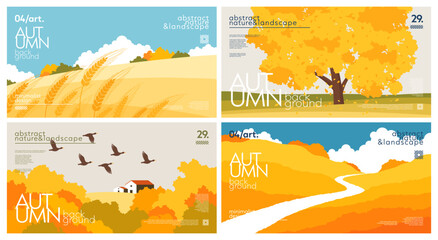 Obraz premium Set of landscape horizontal autumn backgrounds with trees and flying ducks, meadow and road, yellow tree, hill and ears of wheat. Simple fall design for cover, poster, banner, flyer, wallpaper