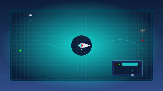 Submarine Sonar Display with Underwater Objects and Radar Interface