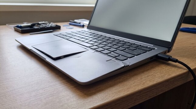 Damaged laptop with cracked keyboard and swollen battery on wooden desk with various tools accessories background silver laptop electronics technology failure repair with hazard