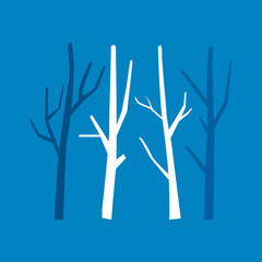 Obraz premium Set of leafless bare trees in white and blue tones on a blue background, ideal for winter, forest, seasonal, and cold weather design themes.