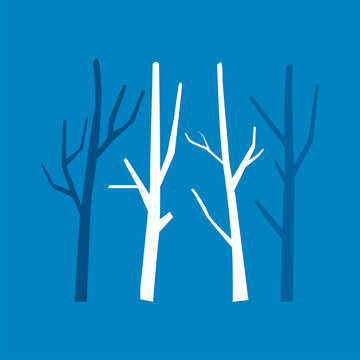 Set of leafless bare trees in white and blue tones on a blue background, ideal for winter, forest, seasonal, and cold weather design themes.