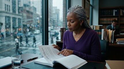 Fototapeta premium Senior African American woman lawyer reviewing case documents in office.